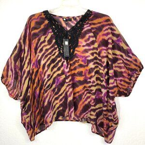 Carole Little Animal Print Sheer Top With Embroidered Neck Size 1X NEW